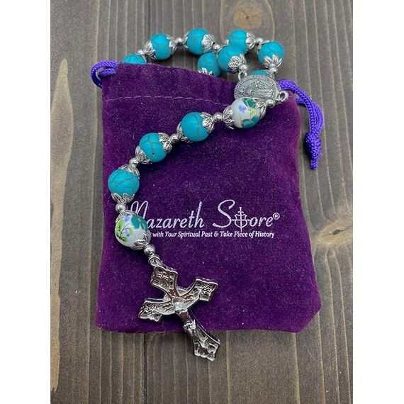 Nazareth Store Rosenkranz mit katholischen türkisfarbenen Marmorperlen und Blumen, Halskette mit wundersamer Medaille und Kreuz