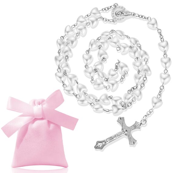 Otuuz Glas Rosenkranz Perlen Katholische Halskette Silber Metall Kruzifix Charme Taufe Rosenkranz Halskette Lange Heilige Gebetskette mit Medaille Kreuz und Kordelzug Samtbeutel für Damen Herren