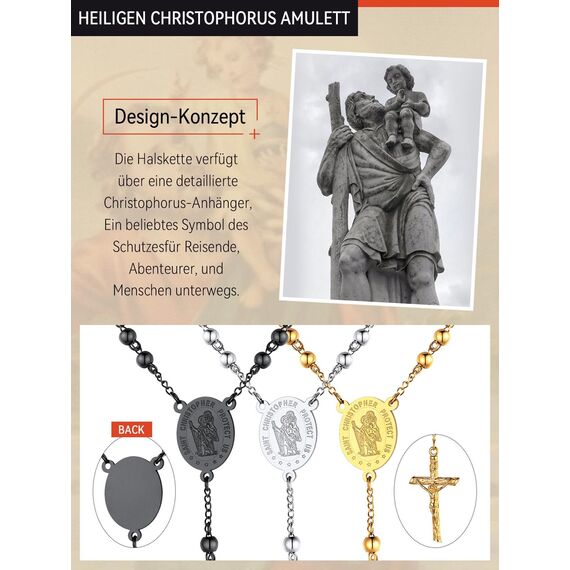 FaithHeart Rosenkranz Kette Gold Kreuzkette für Auto Rosenkranzkette Damen Herren Heiliger Christophorus Halskette Edelstahlkette Orthodoxes Kreuz Rosary Necklace Religiöse Schmuck