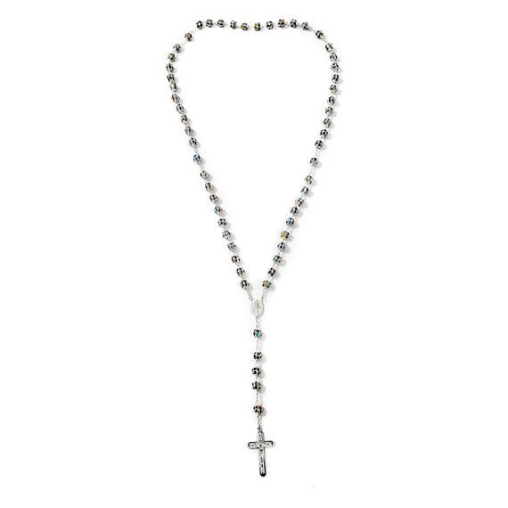 Nazareth Store Bunte Zirkonia-Kristallperlen, Rosenkranz, silberne katholische Halskette mit Wundermedaille, Kreuz, Kruzifix, mehrfarbige Rosenkränze in Samtbeutel (Silver)