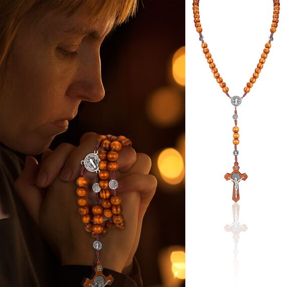 HICARER Oliven Holz Rosenkranz Halskette Katholischer Rosenkranz mit Kreuz und Holzperlen - Handgemacht für Männer und Frauen mit Flanell Tasche