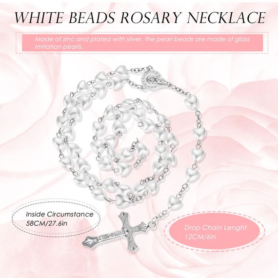 Otuuz Glas Rosenkranz Perlen Katholische Halskette Silber Metall Kruzifix Charme Taufe Rosenkranz Halskette Lange Heilige Gebetskette mit Medaille Kreuz und Kordelzug Samtbeutel für Damen Herren