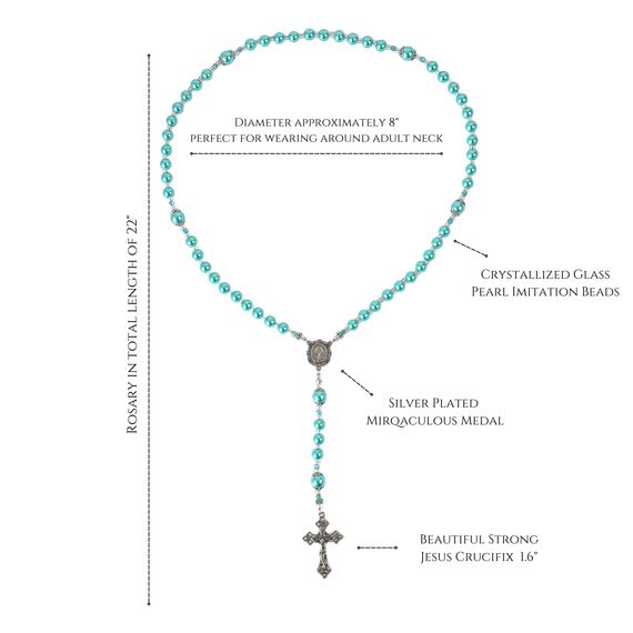 Nazareth Store Hellblaue Perlen Perlen Rosenkranz Katholische Halskette mit Wundermittel Medaille Kreuz Kruzifix Silberfarbene Rosenkränze in Samttasche