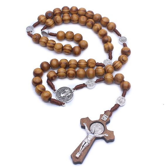 Jiali Q 2 Stück Halskette mit Rosenkranz aus Holz, handgefertigt, Kreuz, religiöser Schmuck