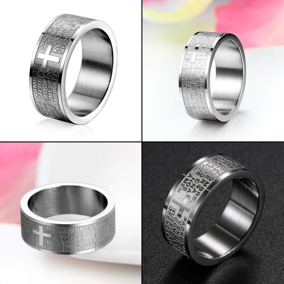 Flongo Kreuz Bibel Herren Ring: Spanische Bibel Gravur Amulett Schutz Christlich Religiös Daumenring Silber Ton Verlobung Bandring Siegelring Spanisch Bibel Kreuz Rosenkranz Ringgröße 57