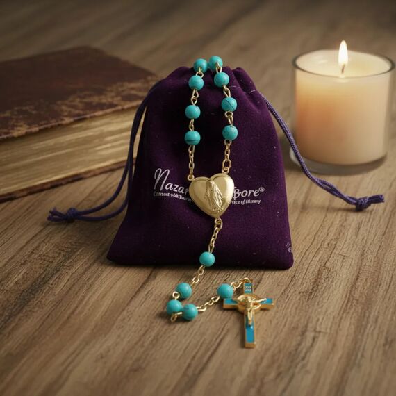 Nazareth Store Rosenkranz-Halskette mit roten Korallenperlen, katholischer Heiliger Benedikt, Rosenkranz, Herzmedaillon, Medaille und Kreuz, religiöses Amulett für Frauen und Männer (Türkis)