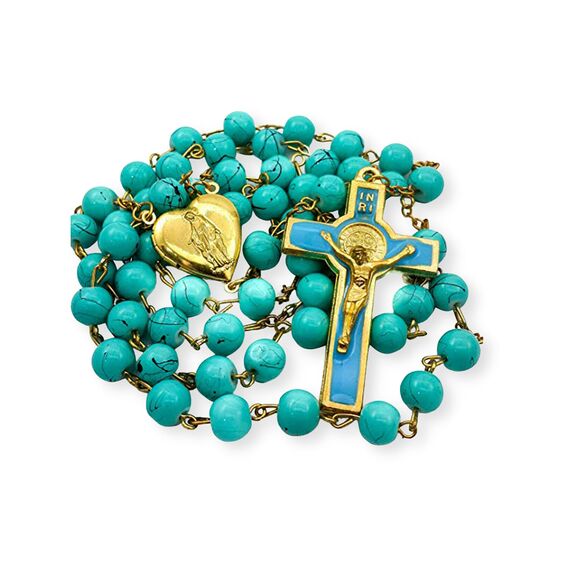 Nazareth Store Rosenkranz-Halskette mit roten Korallenperlen, katholischer Heiliger Benedikt, Rosenkranz, Herzmedaillon, Medaille und Kreuz, religiöses Amulett für Frauen und Männer (Türkis)