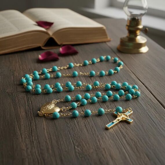 Nazareth Store Rosenkranz-Halskette mit roten Korallenperlen, katholischer Heiliger Benedikt, Rosenkranz, Herzmedaillon, Medaille und Kreuz, religiöses Amulett für Frauen und Männer (Türkis)