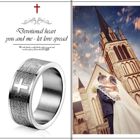 Flongo Kreuz Bibel Herren Ring: Spanische Bibel Gravur Amulett Schutz Christlich Religiös Daumenring Silber Ton Verlobung Bandring Siegelring Spanisch Bibel Kreuz Rosenkranz Ringgröße 65