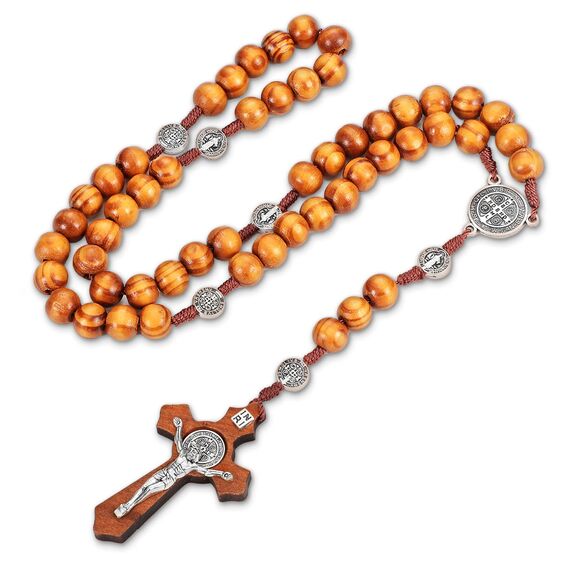 HICARER Oliven Holz Rosenkranz Halskette Katholischer Rosenkranz mit Kreuz und Holzperlen - Handgemacht für Männer und Frauen mit Flanell Tasche