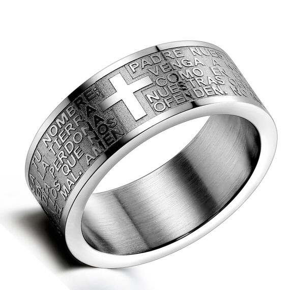 Flongo Kreuz Bibel Herren Ring: Spanische Bibel Gravur Amulett Schutz Christlich Religiös Daumenring Silber Ton Verlobung Bandring Siegelring Spanisch Bibel Kreuz Rosenkranz Ringgröße 60