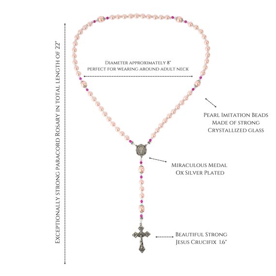 Nazareth Store Pink Pearl Perlen Rosenkranz katholische Halskette mit wundersamen Medaille Kreuz Kruzifix silberfarbenen Rosenkranz in Samt Tasche