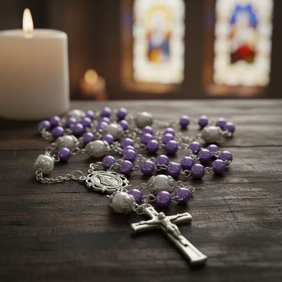 Nazareth Store Lila Perlenrosenkranzkette mit weißen Vaterunser Perlen, Lourdes-Medaille und Kreuz-Kruzifix