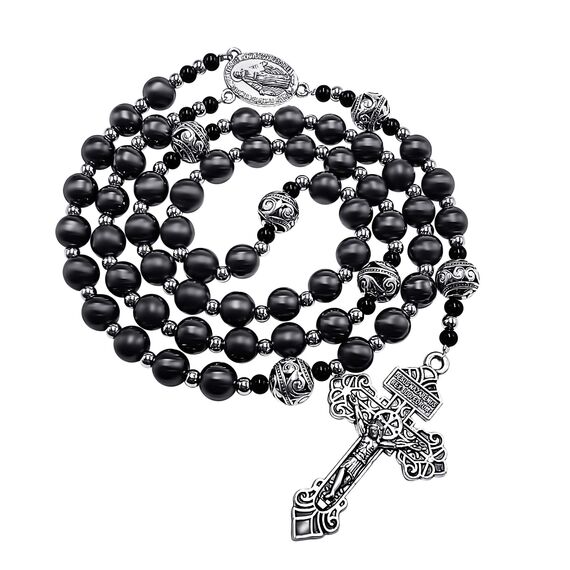 Nazareth Store Herren-Rosenkranz-Halskette aus schwarzem Hämatit, 10 mm, mit Metallperlen "Our Father Beads Miraculous Medal & Our Pardon Cross", 50,80 cm, Zink, Kein Edelstein
