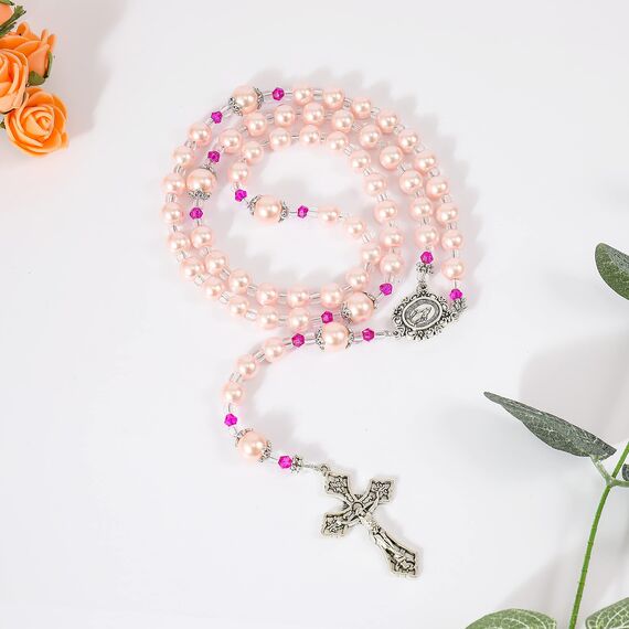 Nazareth Store Pink Pearl Perlen Rosenkranz katholische Halskette mit wundersamen Medaille Kreuz Kruzifix silberfarbenen Rosenkranz in Samt Tasche