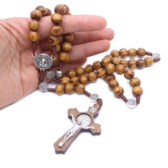 Jiali Q 2 Stück Halskette mit Rosenkranz aus Holz, handgefertigt, Kreuz, religiöser Schmuck