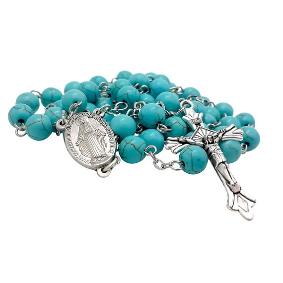 Nazareth Store Türkis Perlen Rosenkranz mit Himmelblauen Marmorperlen, Katholischer Wundermedaille und Jesus Kreuz