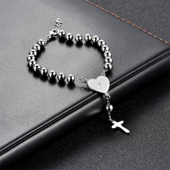 Flongo Armband Rosenkranz Kette Armkette, Edelstahl Anhänger Armreif Kette Kugelkette Silber Englisch Bibel Herz Herzchen Tag Kruzifix Kreuz Kugel Perle Perlen Rosenkranz Herren,Damen