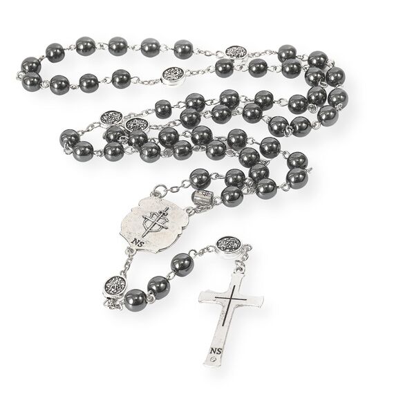 Nazareth Store Hämatit-Rosenkranz, Schwarze Steinperlen Halskette, Projektion Unser Vater-Gebet, St. Michael Medaille und Kruzifix, 53,3 cm, Stein, Legierung