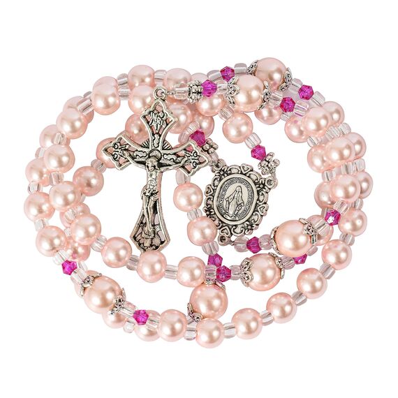 Nazareth Store Pink Pearl Perlen Rosenkranz katholische Halskette mit wundersamen Medaille Kreuz Kruzifix silberfarbenen Rosenkranz in Samt Tasche