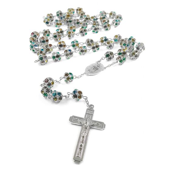 Nazareth Store Bunte Zirkonia-Kristallperlen, Rosenkranz, silberne katholische Halskette mit Wundermedaille, Kreuz, Kruzifix, mehrfarbige Rosenkränze in Samtbeutel (Silver)