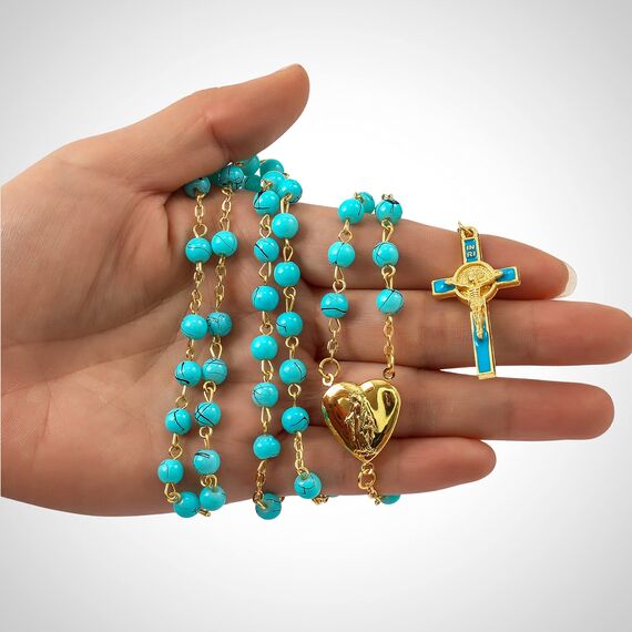 Nazareth Store Rosenkranz-Halskette mit roten Korallenperlen, katholischer Heiliger Benedikt, Rosenkranz, Herzmedaillon, Medaille und Kreuz, religiöses Amulett für Frauen und Männer (Türkis)