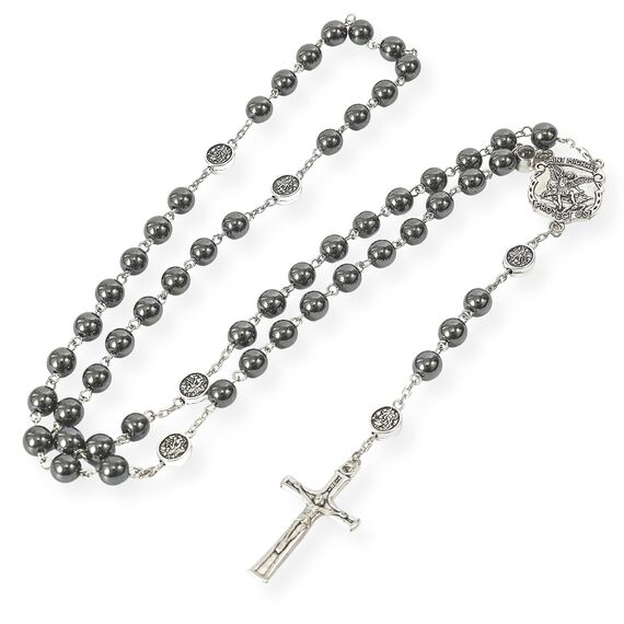Nazareth Store Hämatit-Rosenkranz, Schwarze Steinperlen Halskette, Projektion Unser Vater-Gebet, St. Michael Medaille und Kruzifix, 53,3 cm, Stein, Legierung