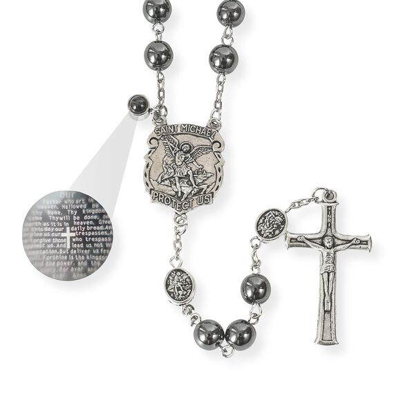 Nazareth Store Hämatit-Rosenkranz, Schwarze Steinperlen Halskette, Projektion Unser Vater-Gebet, St. Michael Medaille und Kruzifix, 53,3 cm, Stein, Legierung