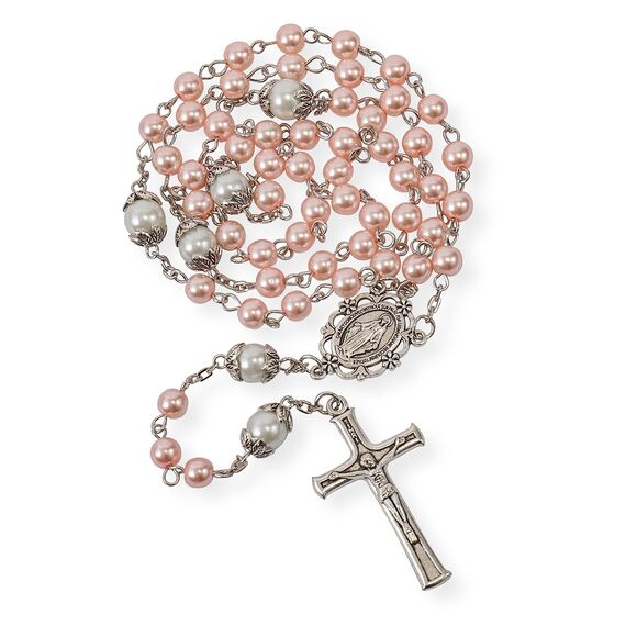 Nazareth Store Perlen-Rosenkranz, weiße Vaterunser-Perlen-Halskette, Lourdes-Medaille und Kreuz, Kruzifix, spirituelle Hingabe (Rosa)