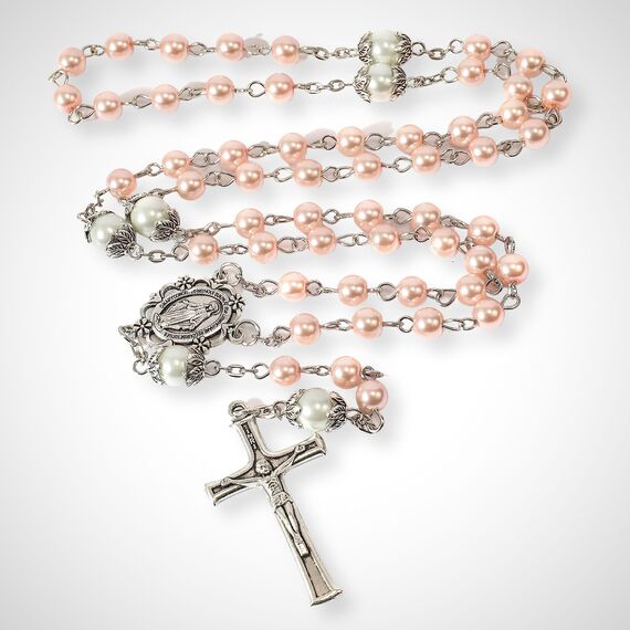 Nazareth Store Perlen-Rosenkranz, weiße Vaterunser-Perlen-Halskette, Lourdes-Medaille und Kreuz, Kruzifix, spirituelle Hingabe (Rosa)