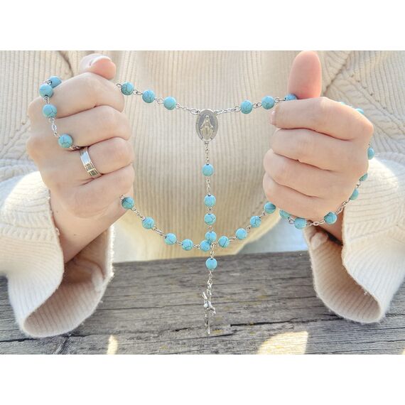 Nazareth Store Türkis Perlen Rosenkranz mit Himmelblauen Marmorperlen, Katholischer Wundermedaille und Jesus Kreuz