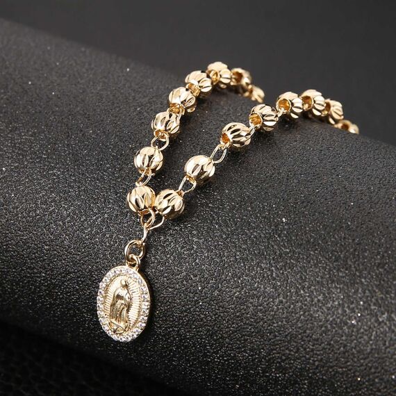 HZMAN 14K vergoldet Jungfrau Maria Rosenkranz Perlen Armband Dainty Jungfrau von Guadalupe verstellbare Link Armbänder für Damen Party Hochzeitsschmuck Geschenk