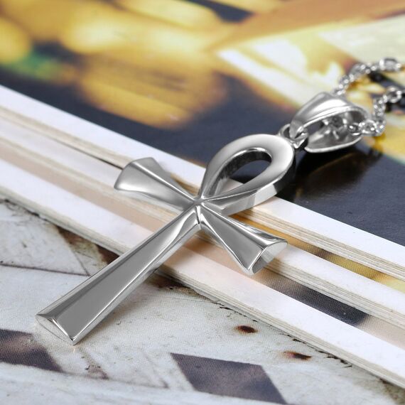 Flongo Herren-Kette Männer Anhänger Damen Halskette, Edelstahl Halskette mit Egyptian Ägyptisches Zeichen Anch o. Ankh Kreuz Kruzifix Anhänger Silber