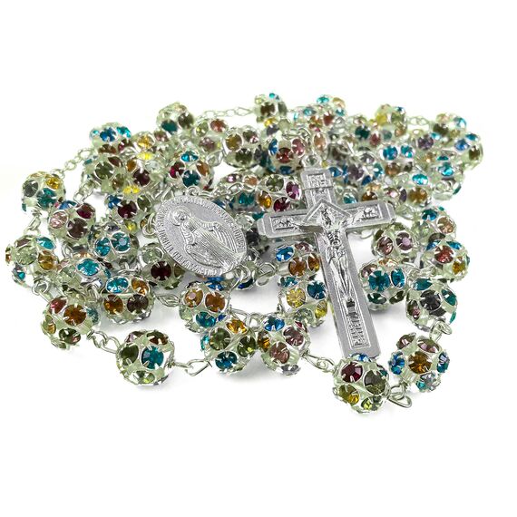 Nazareth Store Bunte Zirkonia-Kristallperlen, Rosenkranz, silberne katholische Halskette mit Wundermedaille, Kreuz, Kruzifix, mehrfarbige Rosenkränze in Samtbeutel (Silver)