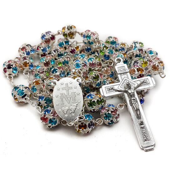 Nazareth Store Bunte Zirkonia-Kristallperlen, Rosenkranz, silberne katholische Halskette mit Wundermedaille, Kreuz, Kruzifix, mehrfarbige Rosenkränze in Samtbeutel (Silver)