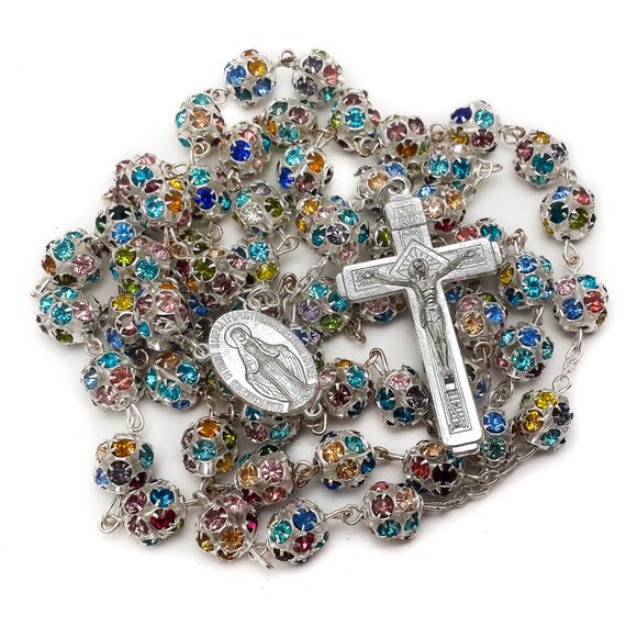 Nazareth Store Bunte Zirkonia-Kristallperlen, Rosenkranz, silberne katholische Halskette mit Wundermedaille, Kreuz, Kruzifix, mehrfarbige Rosenkränze in Samtbeutel (Silver)