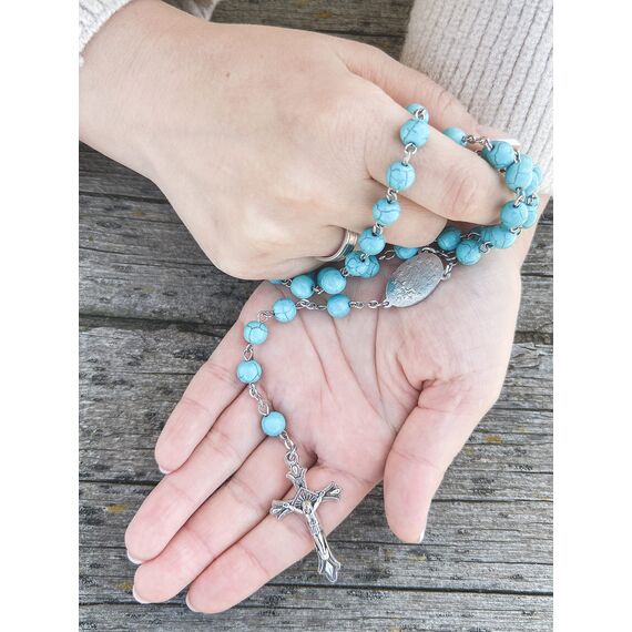 Nazareth Store Türkis Perlen Rosenkranz mit Himmelblauen Marmorperlen, Katholischer Wundermedaille und Jesus Kreuz