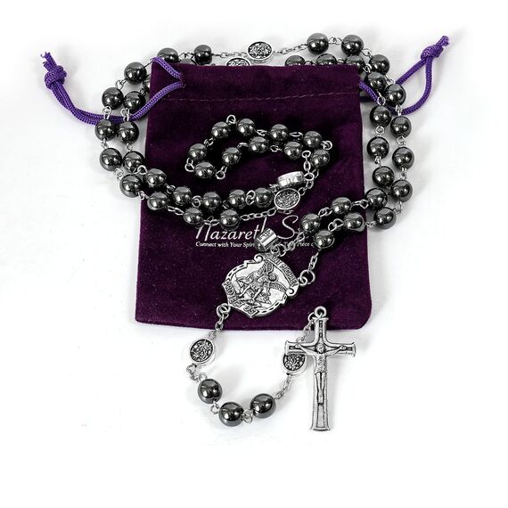 Nazareth Store Hämatit-Rosenkranz, Schwarze Steinperlen Halskette, Projektion Unser Vater-Gebet, St. Michael Medaille und Kruzifix, 53,3 cm, Stein, Legierung