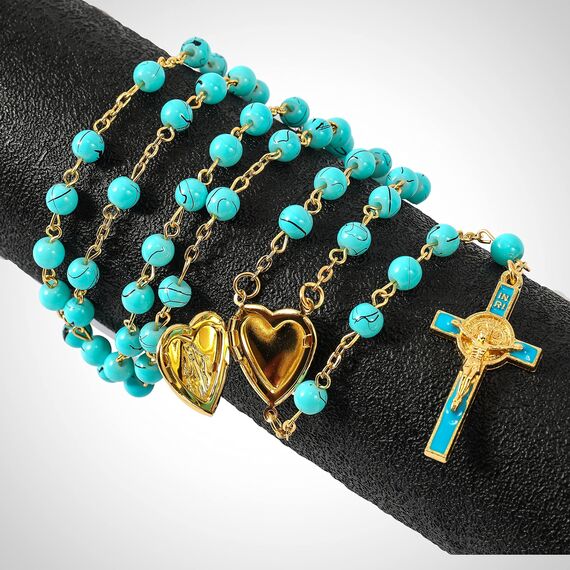 Nazareth Store Rosenkranz-Halskette mit roten Korallenperlen, katholischer Heiliger Benedikt, Rosenkranz, Herzmedaillon, Medaille und Kreuz, religiöses Amulett für Frauen und Männer (Türkis)