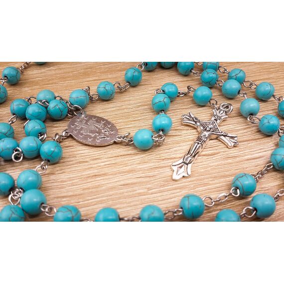 Nazareth Store Türkis Perlen Rosenkranz mit Himmelblauen Marmorperlen, Katholischer Wundermedaille und Jesus Kreuz