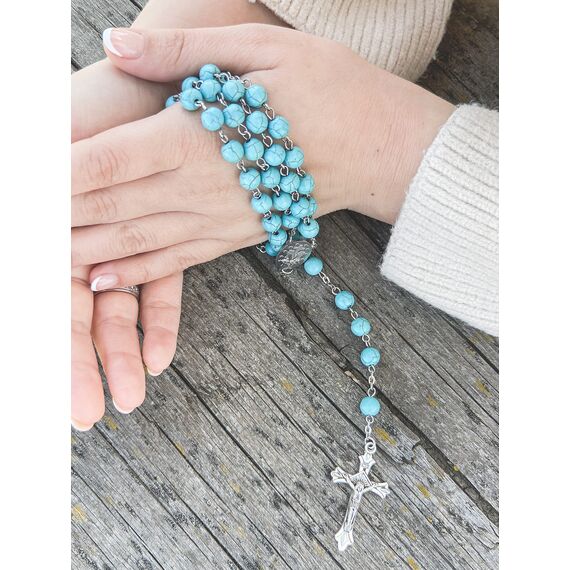 Nazareth Store Türkis Perlen Rosenkranz mit Himmelblauen Marmorperlen, Katholischer Wundermedaille und Jesus Kreuz