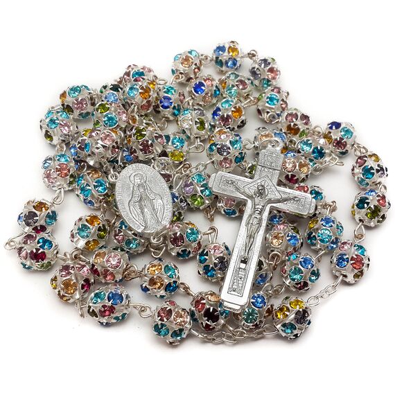 Nazareth Store Bunte Zirkonia-Kristallperlen, Rosenkranz, silberne katholische Halskette mit Wundermedaille, Kreuz, Kruzifix, mehrfarbige Rosenkränze in Samtbeutel (Silver)