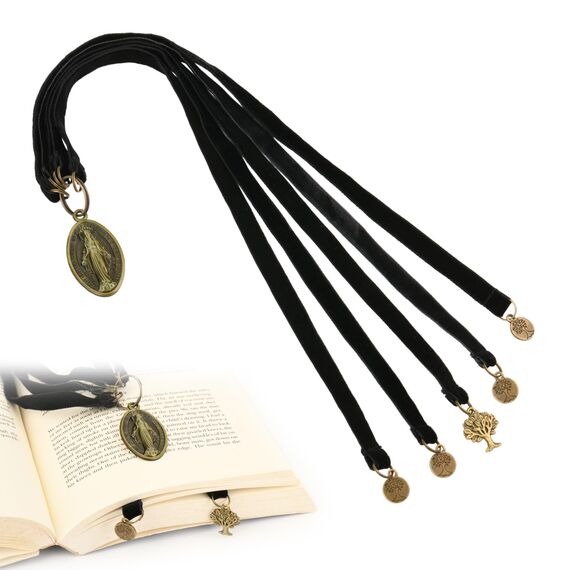 Lesezeichen Bibel Lesezeichen - Schwarze Samt Lesezeichen für Buchliebhaber mit 5 Strings mit Lebensbaum Glücksbringer Anhänger und Mutter Gottes Charm, Christian Saint Bookmark, Ideales christliches