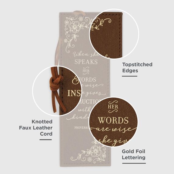 Christian Art Gifts Kunstleder-Lesezeichen "When She Speaks Her Words are Wise Proverbs 31 Woman Bibelvers w/Cord Quaste, Braun