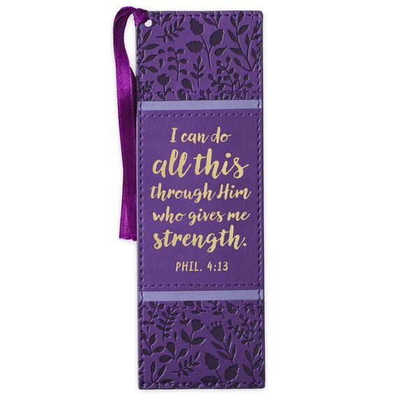 Christian Art Gifts Inspirierendes Premium-Lesezeichen aus veganem Leder für Frauen: I Can Do All This Ermutigender Bibelvers, Satinbandquaste zum Lesen, wärmegeprägt, lila Blumen und Gold
