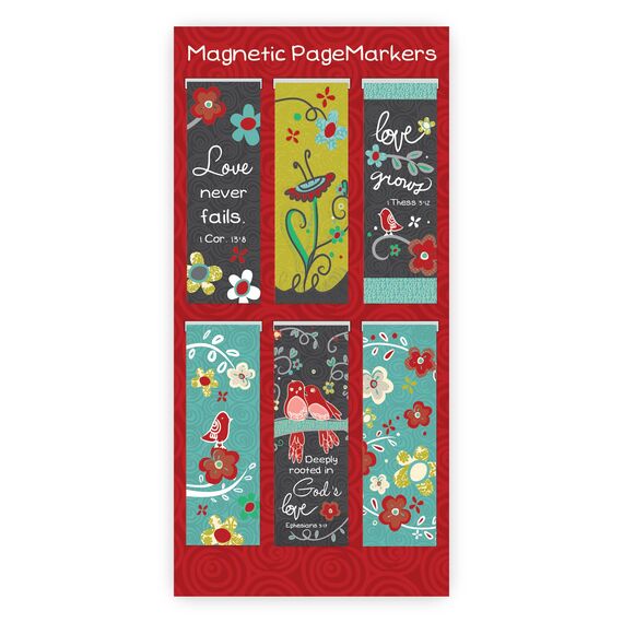 Christian Art Gifts Set of 6 God's Love Vintage Blooms Inspirational Magnetic Bible Verse Bookmark with Scripture, Size Small 2.3" x .75"
