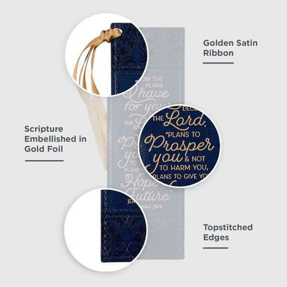 Christian Art Gifts Lesezeichen aus veganem Leder mit Aufschrift "I Know The Plans", inspirierender Bibelvers mit dunkelgoldenem Satinband und geprägtem Blumenmuster, Marineblau/Gold