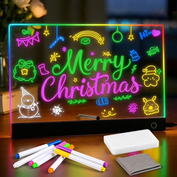 LED Notiztafel mit Farben, 30x20 CM Leuchtendes LED Zeichenbrett für Kinder, 6 Farben Einstellbar 4 Licht Modi, Mit 7 Farben Stift, Abwischbarer, Acryl Transparente Zeichenbrett, Notizblock, Memo ect