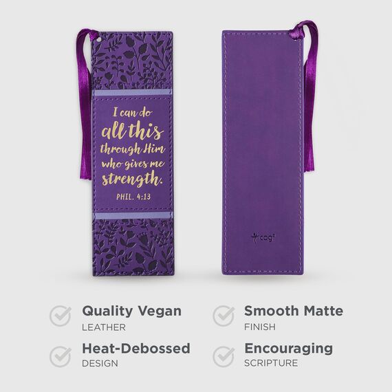 Christian Art Gifts Inspirierendes Premium-Lesezeichen aus veganem Leder für Frauen: I Can Do All This Ermutigender Bibelvers, Satinbandquaste zum Lesen, wärmegeprägt, lila Blumen und Gold