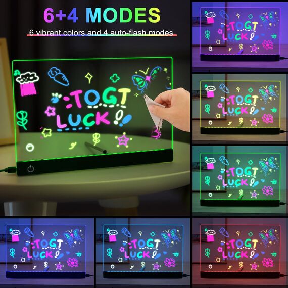 LED Notiztafel mit Farben, 30x20 CM Leuchtendes LED Zeichenbrett für Kinder, 6 Farben Einstellbar 4 Licht Modi, Mit 7 Farben Stift, Abwischbarer, Acryl Transparente Zeichenbrett, Notizblock, Memo ect